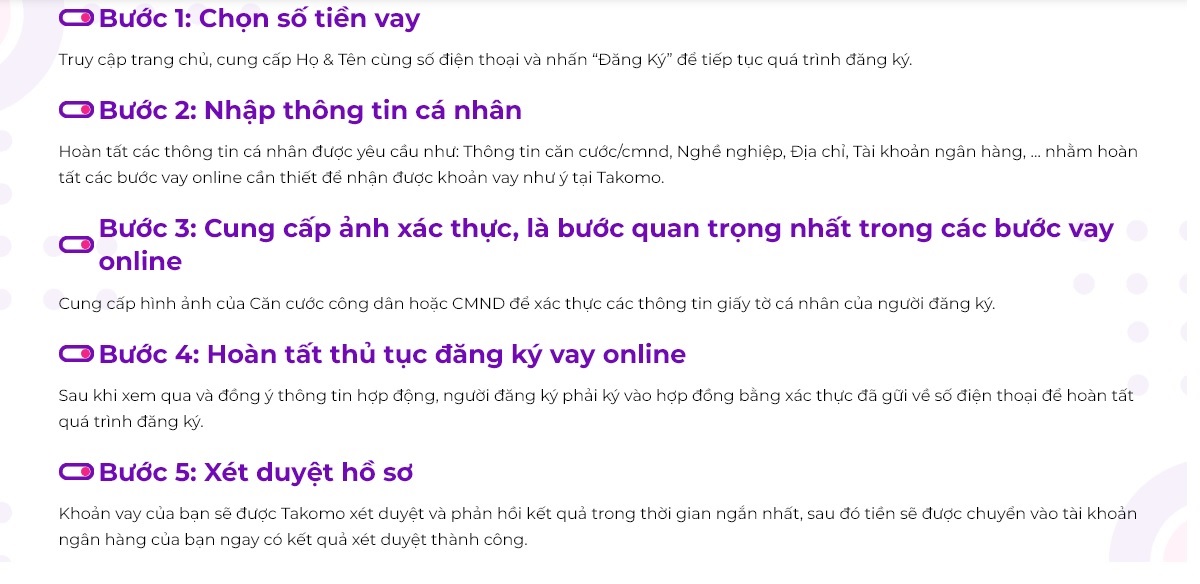 Các bước vay tại Takomo