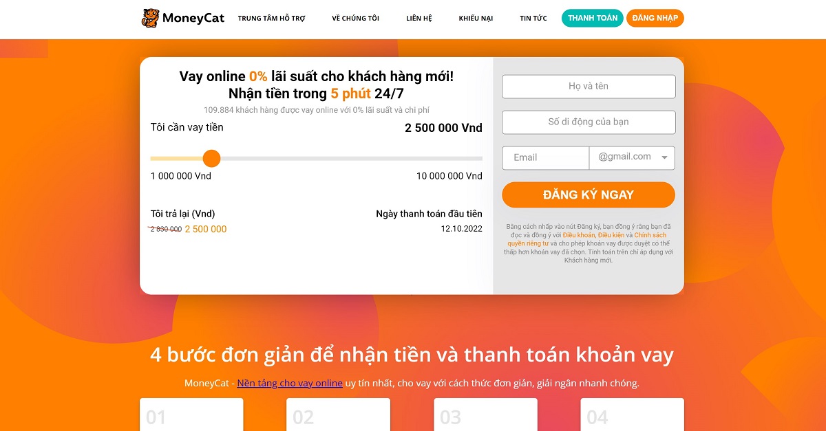 Trang chủ website của MoneyCat