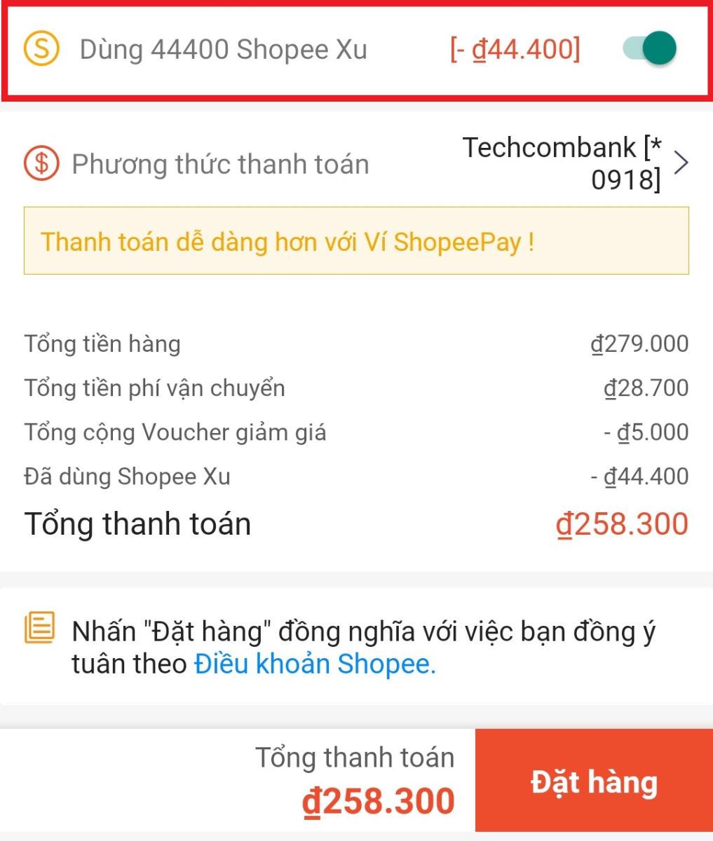 Sử dụng Shopee Xu để thanh toán 