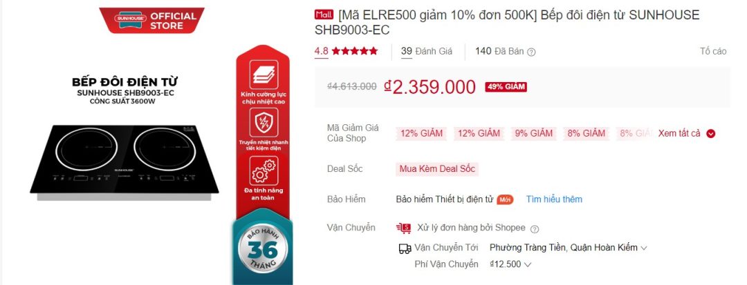 5 mẫu bếp từ Sunhouse thịnh hành trên Shopee 7 Bếp đôi điện từ Sunhouse SHB9003-EC