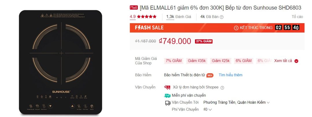 5 mẫu bếp từ Sunhouse thịnh hành trên Shopee 4 Bếp từ đơn Sunhouse SHD6803