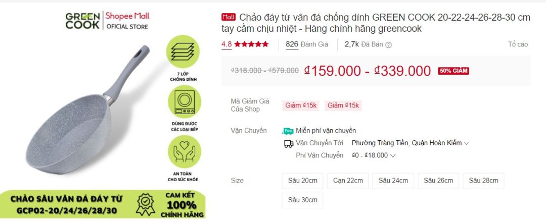 10 mẫu chảo chống dính tốt trên Shopee 3 Chảo đáy từ vân đá chống dính GREEN COOK